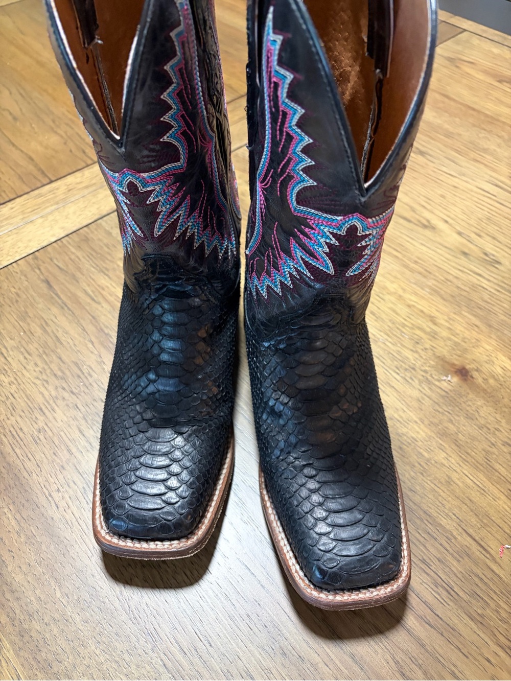 Dan Post Black Python Western Boot with Pink & Teal Stitching - Picture 7 of 16
